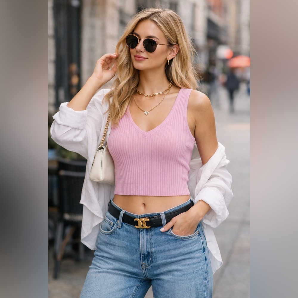 Altar’d State Pink Ribbed Knit Crop Tank Top S/M Soft Stretch Sweater